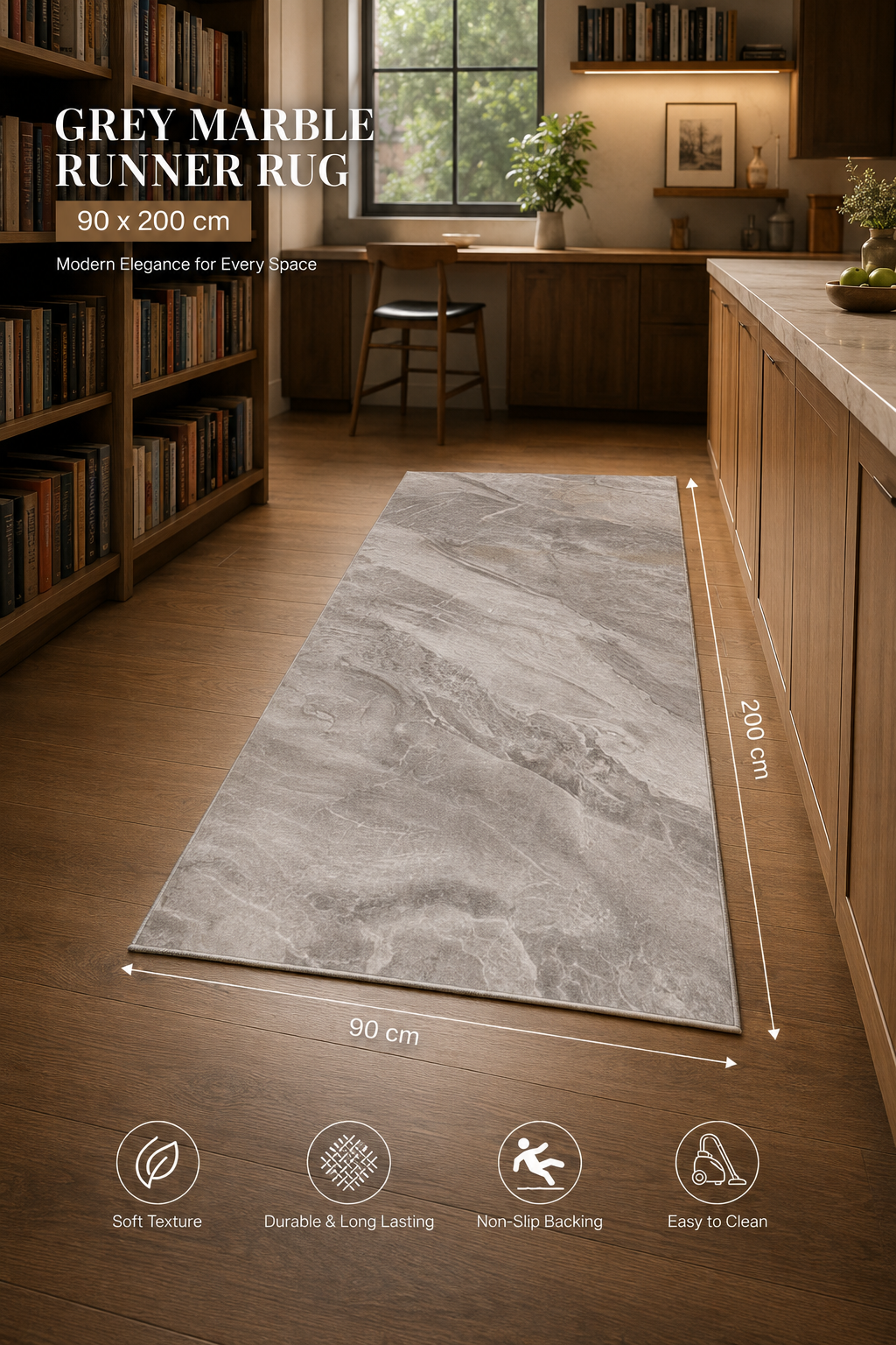 Marble Luxe Løber – Grå Marmor 90 x 200 cm