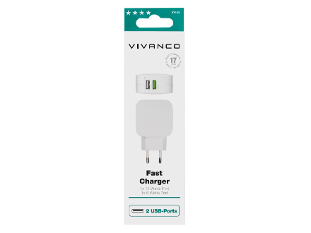 Vivanco Ladestecker für 2 Stk. USB-A mit Smart IC, 17 W