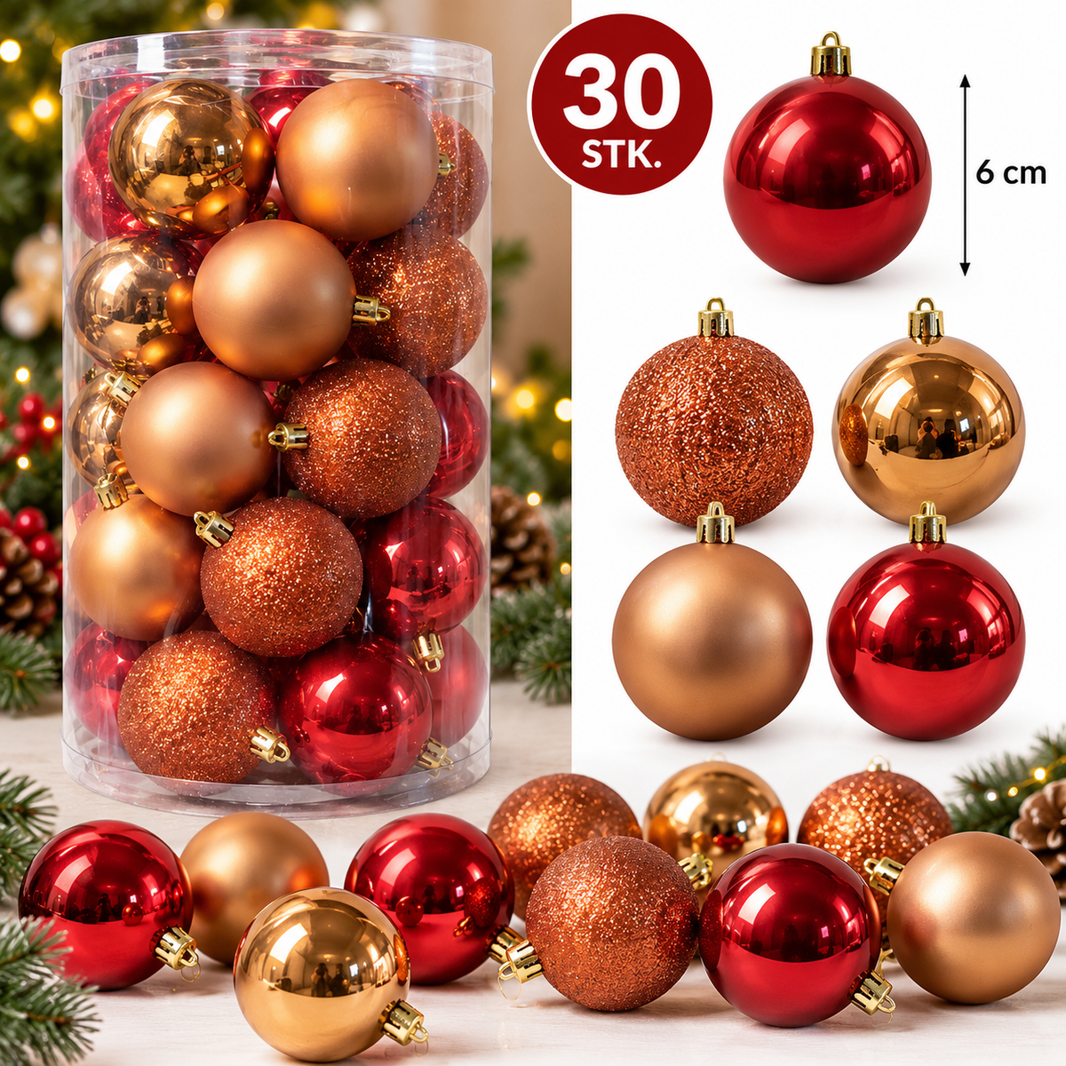 Krist - Set Weihnachtskugeln Mix 30 Stück a 6 cm Orange bis Rot