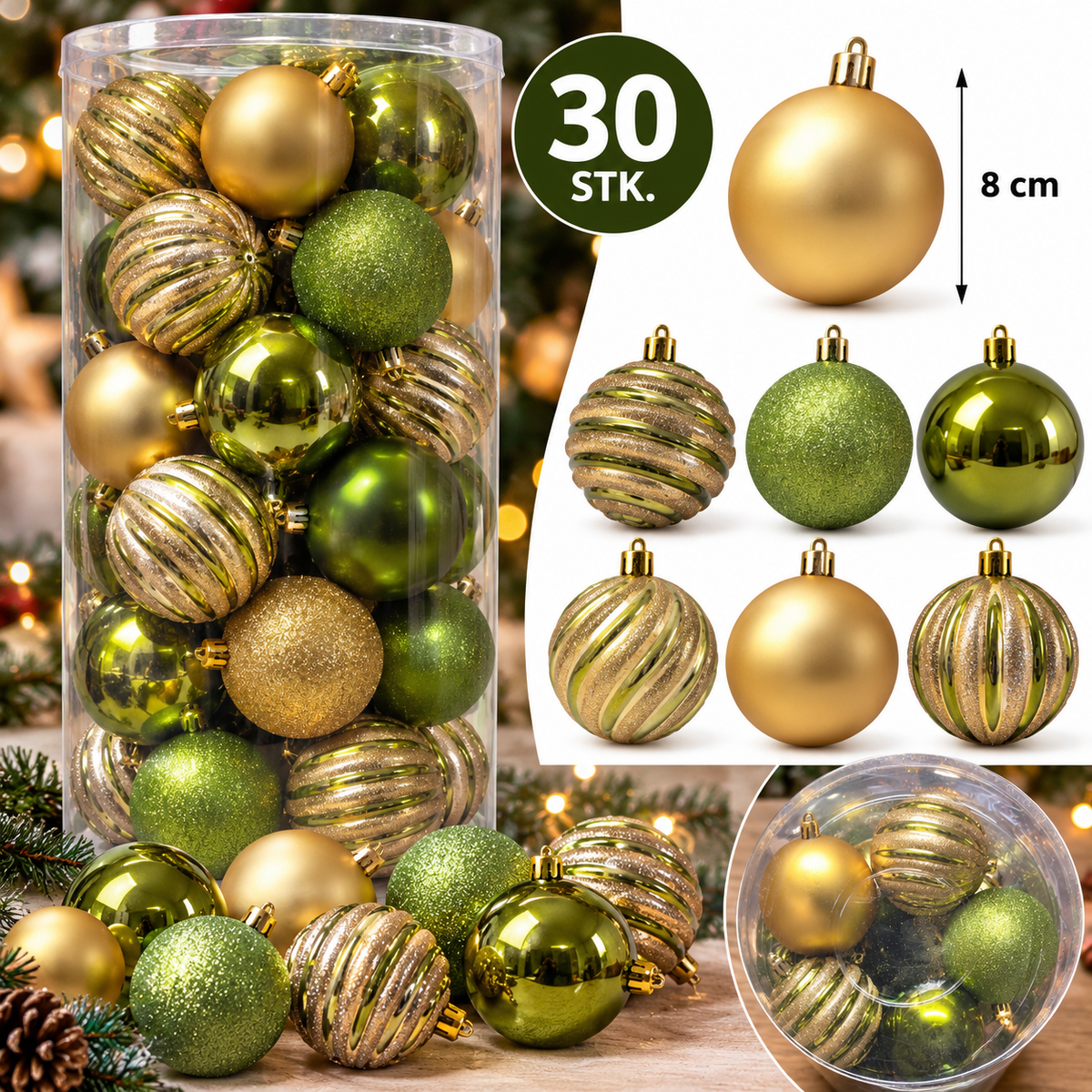 Krist - Set Weihnachtskugeln gemischt 30 Stück a 8 cm Oliv bis Gold