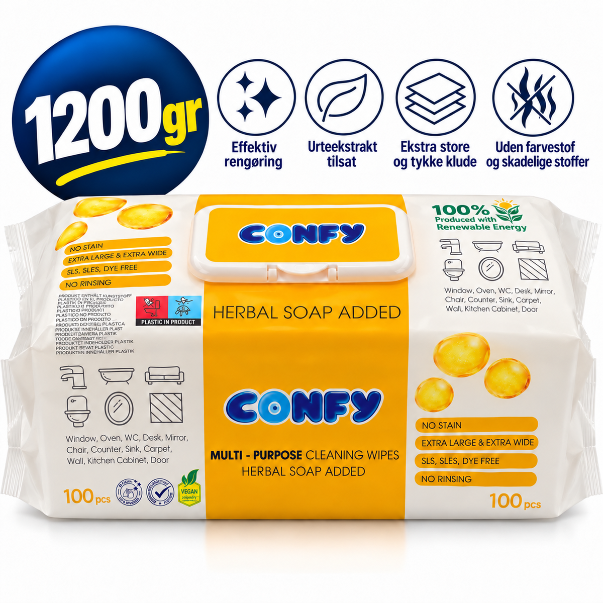 Confy XXL 100 Rengøringsklude – Herbal Soap Added – 100 stk. / 1200 g