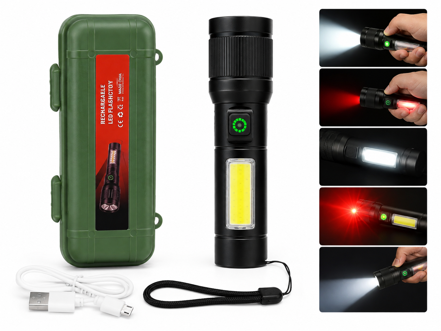 Genopladelig Multifunktionel LED-Lommelygte – Kraftigt Lys & Flere Lysfunktioner – 14 cm