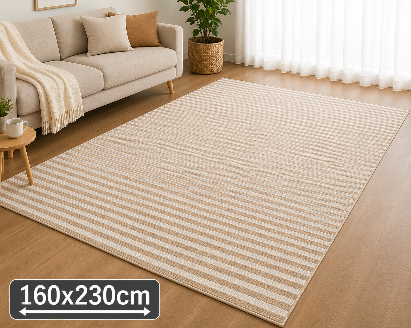 Nordic Stripe Sand Tæppe 160x230 cm med Skridsikker Bund