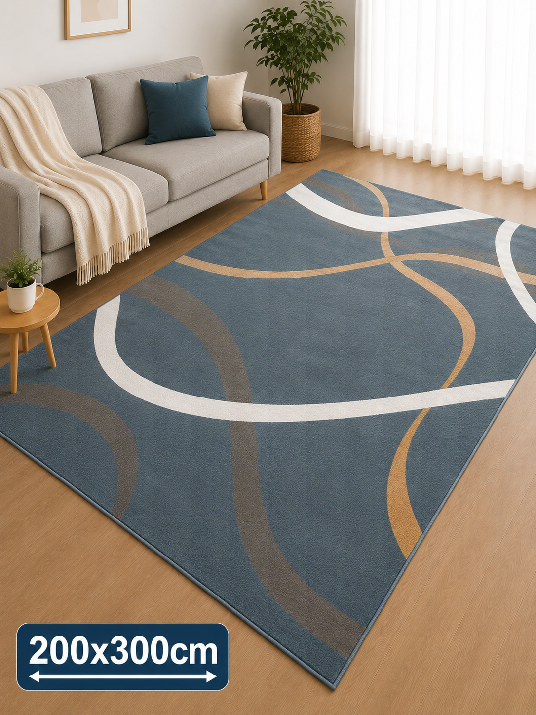 Modern Curve Blue Tæppe 200x300 cm med Skridsikker Bund