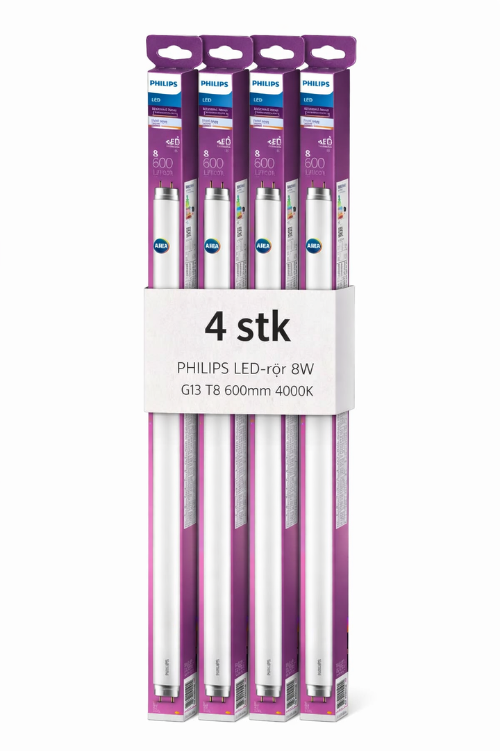 PHILIPS LED-rør 8W G13 T8 600mm 4000K (Kasse med 4stk)