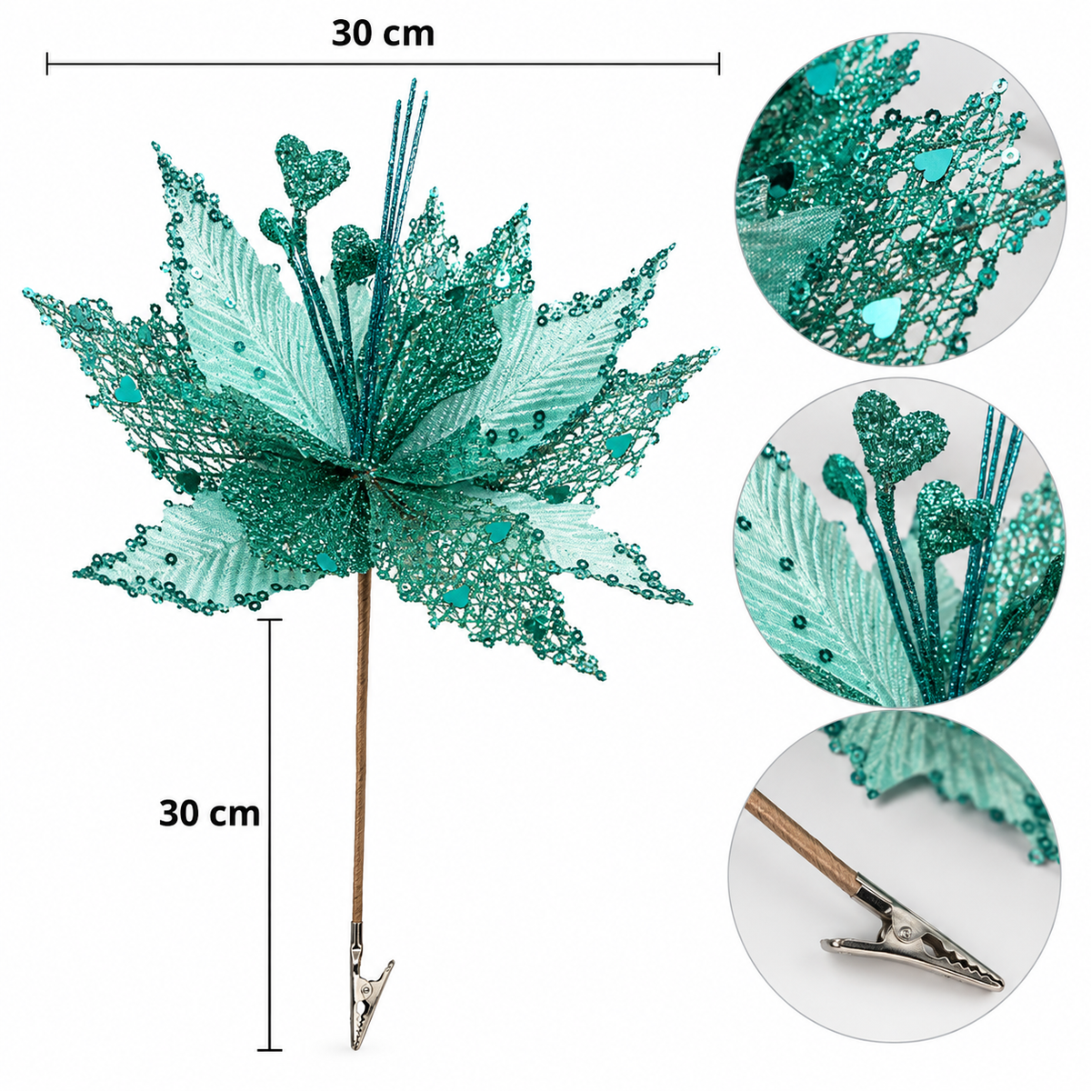 Stoffblume auf Clip 33cm - Hellblaue Weihnachtsblume