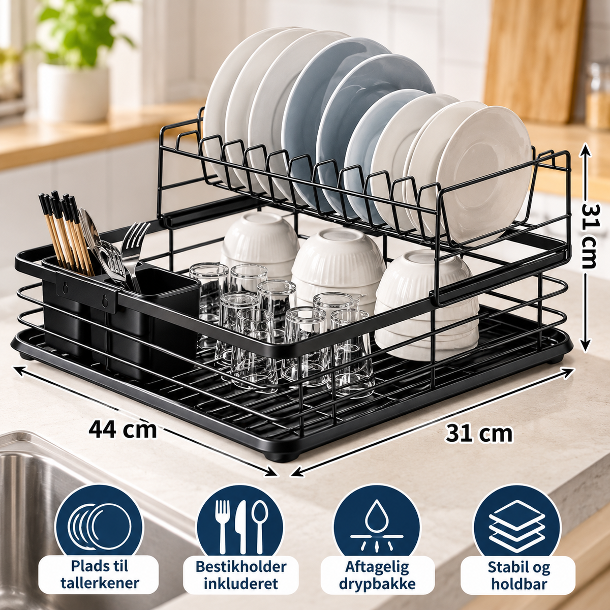 2-Etagers Opvaskestativ med Drypbakke & Bestikholder – Sort 44×31×31 cm