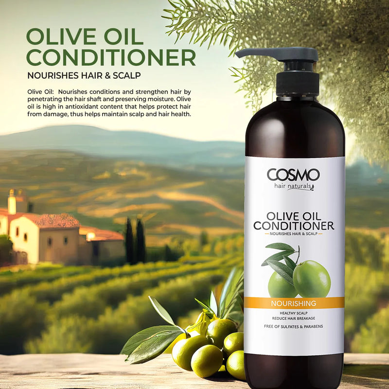 Cosmo 1000ml Pumpe Balsam Olive Oil – Sulfat- og parabenfri, farvebevarende, pH-balanceret.