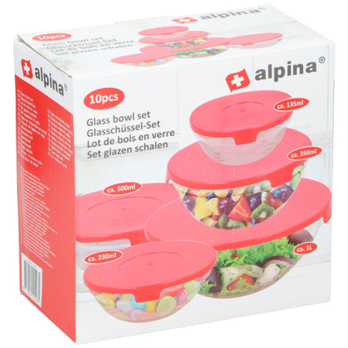 Alpina - Futternäpfe mit rotem Deckel, Set aus 5 Glasnäpfen