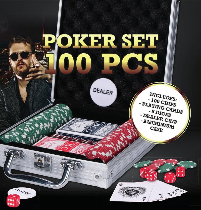 Pokerset in Aluminiumbox – 100 Chips/Spielkarten/5 Würfel/Dealer-Chip