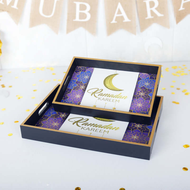 Serviertablett-Set mit 2 Stück – Holz mit goldenem Rand – Ramadan-Thema