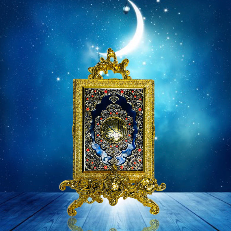 Koranbox aus Metall mit Ständer (mittelgroß), Gold und Blau