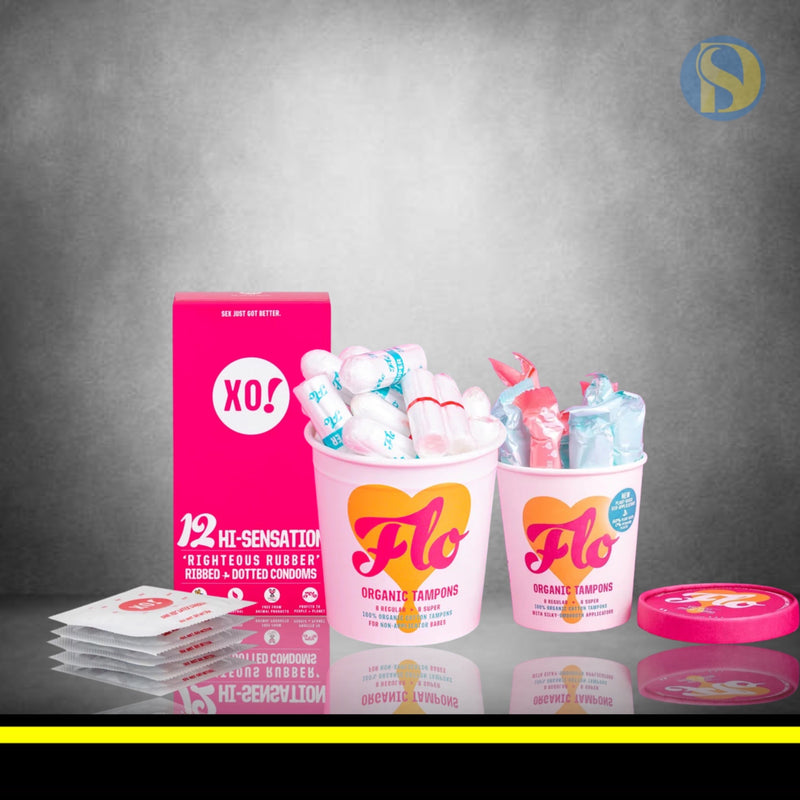 XO &amp; Here We Flo – Kollektion mit umweltfreundlichen Tampons und Kondomen 3-teilig