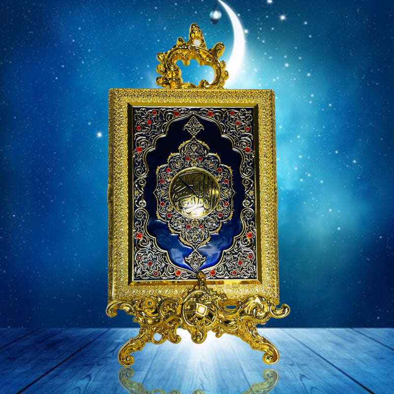 Koranbox aus Metall mit Ständer (groß), Gold und Blau