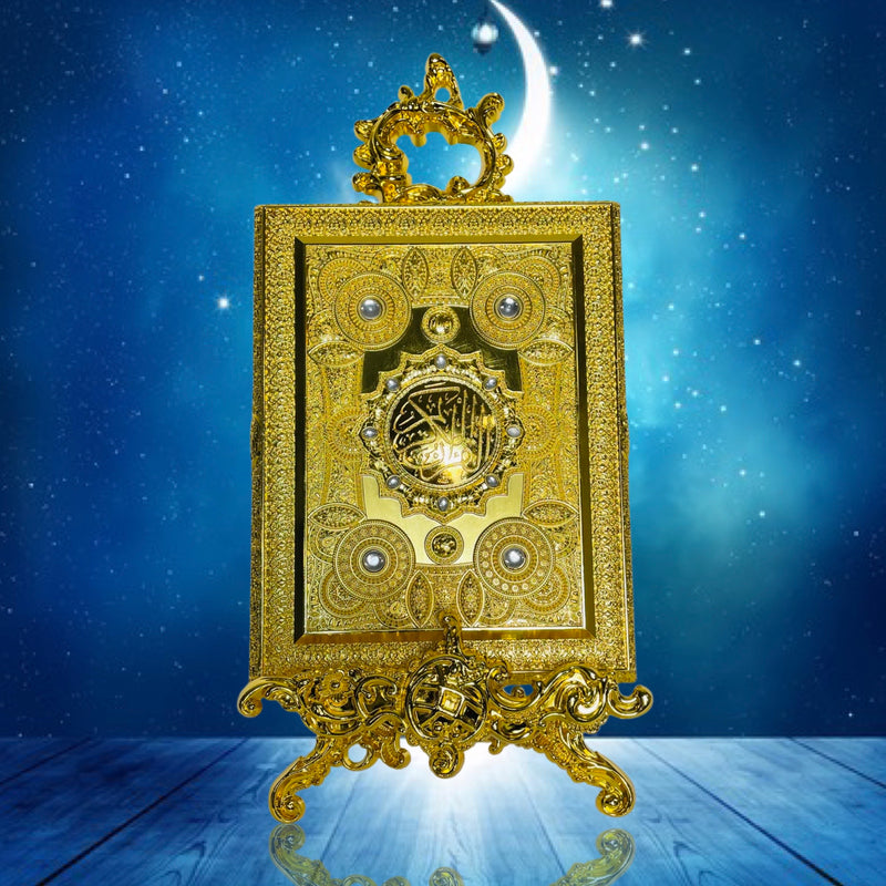 Koranbox aus Metall mit Ständer (groß) Gold mit weißen Perlen