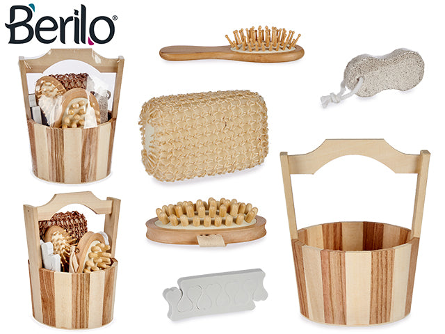 Berilo - Bad skrubbesæt til krop og fod 5stk med trækurv Bemærk svampevarve kan variere, pga lagerstyring sender vi en tilfældig farve