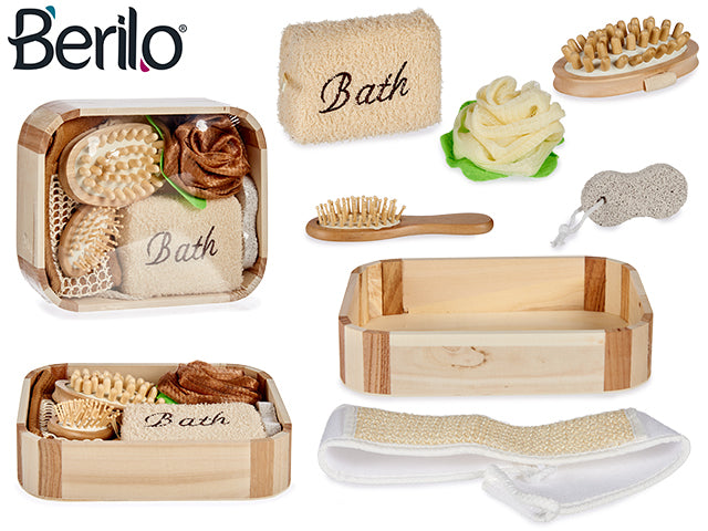 Berilo - Bad skrubbesæt 6stk med trææske. Den perfekte gave eller noget at forkæle sig selv med Bemærk svampevarve kan variere, pga lagerstyring sender vi en tilfældig farve