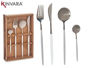 Kinvara - Premium bestiksæt sølv metal med hvid tag 8stk 2 smørkniv 2 spiseske 2 gafler 2 teske