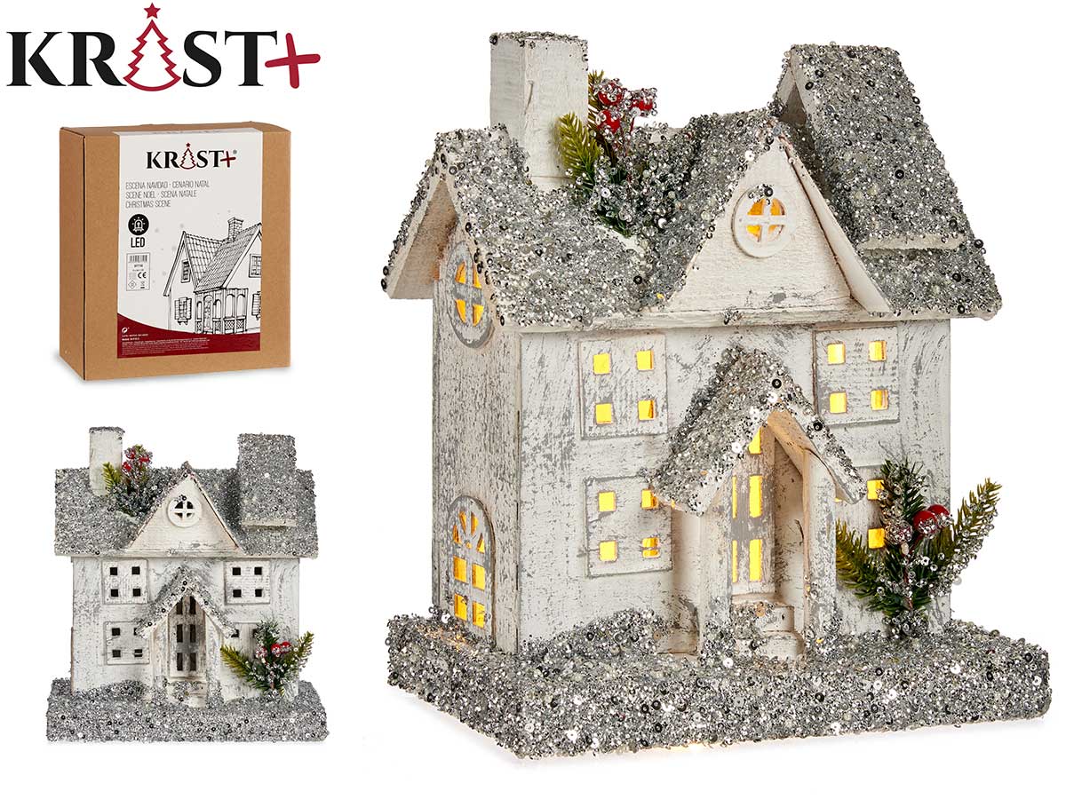 Christus-Weihnachtsszene – klassisches Kirchenhaus mit silbernem Schimmer und Licht, 31 cm