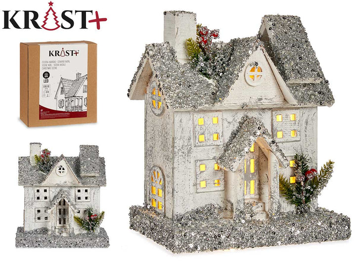 Christus-Weihnachtsszene – klassisches Kirchenhaus mit silbernem Schimmer und Licht, 31 cm