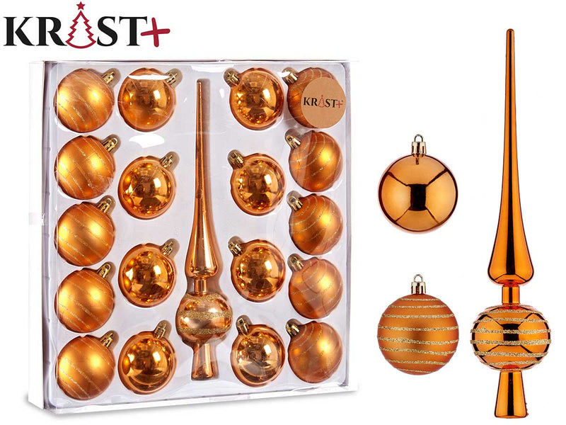 Krist Weihnachtsbaum-Set mit Stern oben und 16 Kugeln – Orange-Gold