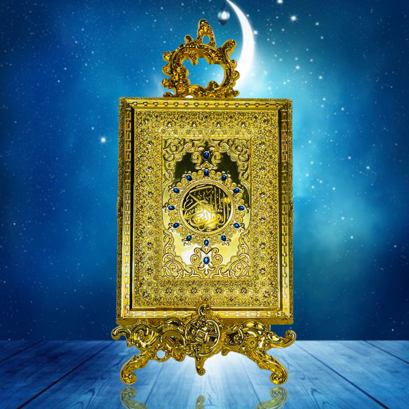 Koranbox aus Metall mit Ständer (groß) Gold mit blauen Perlen