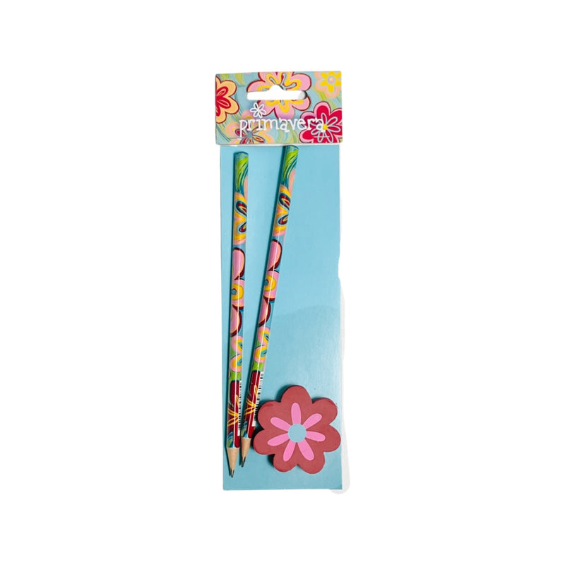 Primavera – Bleistift- und Radiergummi-Set – Blumen-Thema – 2 Bleistifte und 1 Radiergummi