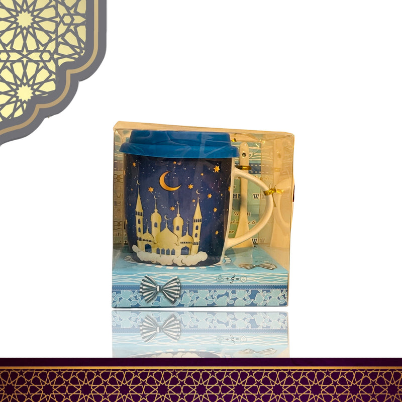 Ramadan – Keramik-Thermosbecher mit Motivdruck und Löffel-Silikondeckel, gelbe Moschee