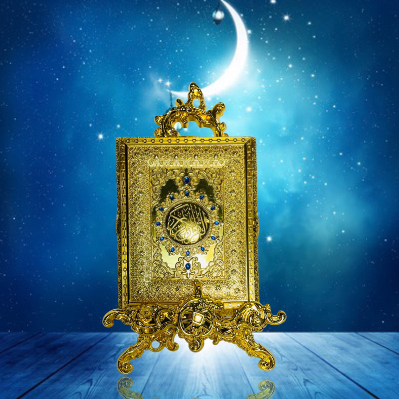 Korankasten aus Metall mit Ständer (mittelgroß) Gold mit blauen Perlen