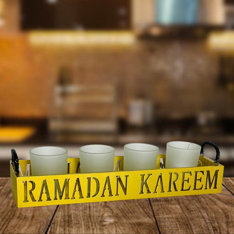 Ramadan - Holztablett mit Metalltablett mit 4 Gläsern