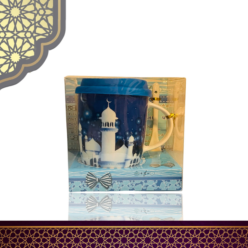 Ramadan – Keramik-Thermosbecher mit Motivdruck und Löffel-Silikondeckel – Weiße Moschee