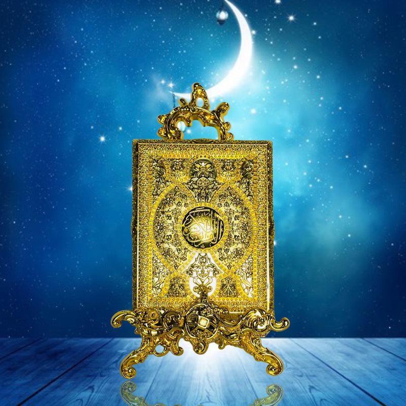 Korankasten aus Metall mit Ständer (mittelgroß) Gold mit dichten Details.