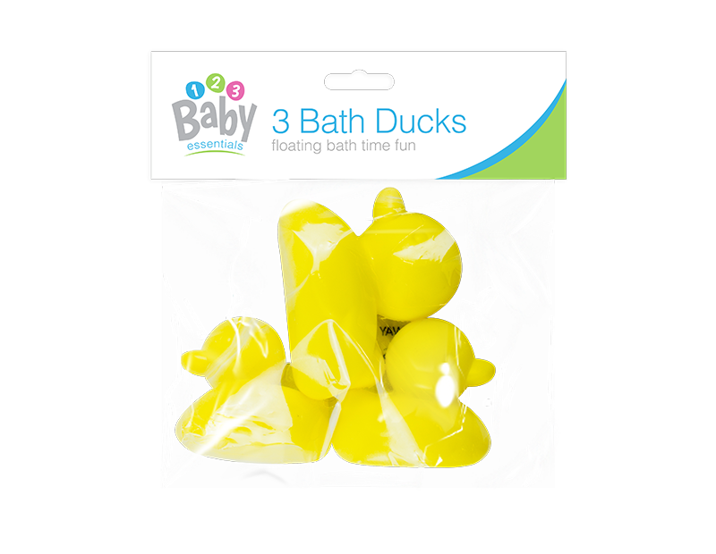 Denne pakke Bath Time Ducks indeholder tre plastænder i tre størrelser, der er fremstillet af sikre og ikke-giftige materialer. Hver and har en lys gul farve og vil hjælpe med at gøre badetiden mere behagelig for babyer og små børn.