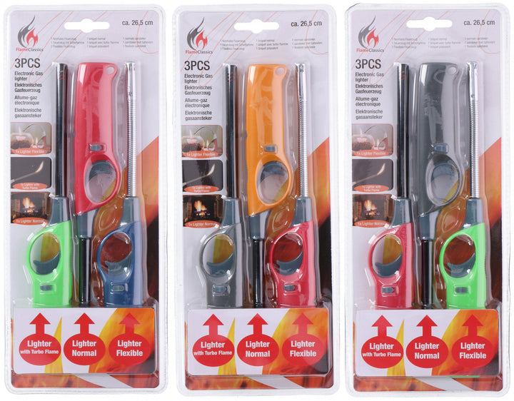 Flameclassic - 3 unikke fyrfads-lighterecm 26,5 (1storm - 1 normal - 1 fleksible) Bemærk. PGA lagerstyring - sender vi en tilfældig farvekombination ved køb af disse lightere